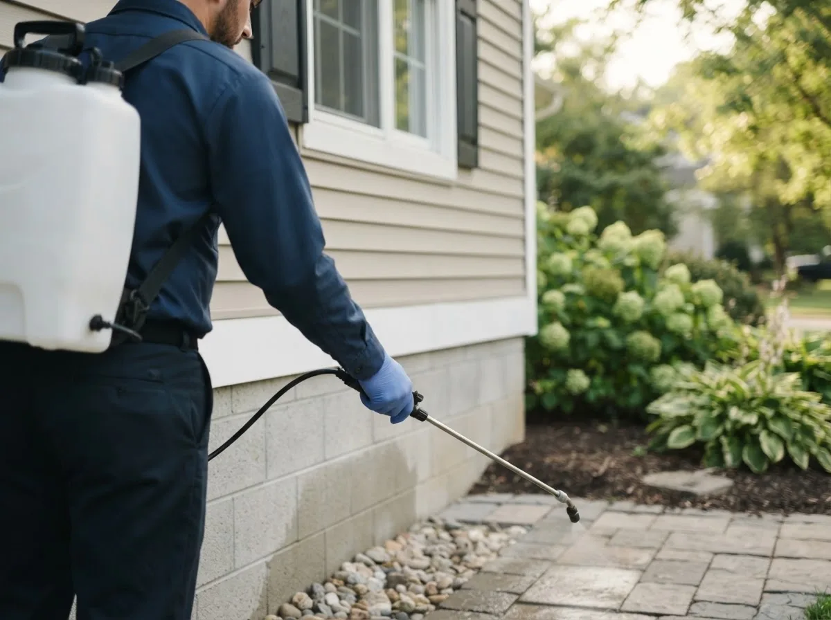 Pest control technician inspecting a home in Wanakena, NY